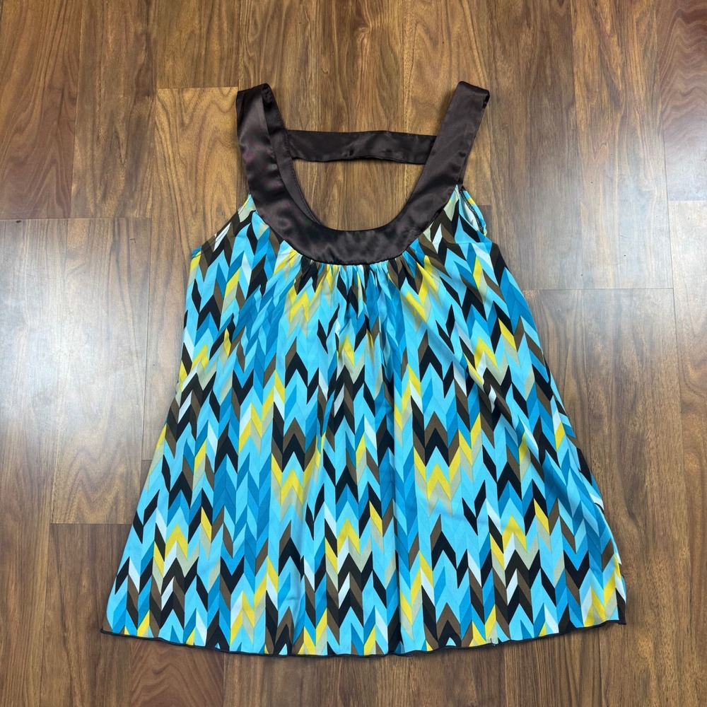 A. Byer Y2K Geometric Chevron Babydoll Tank Top Blue Brown Satin Trim Large